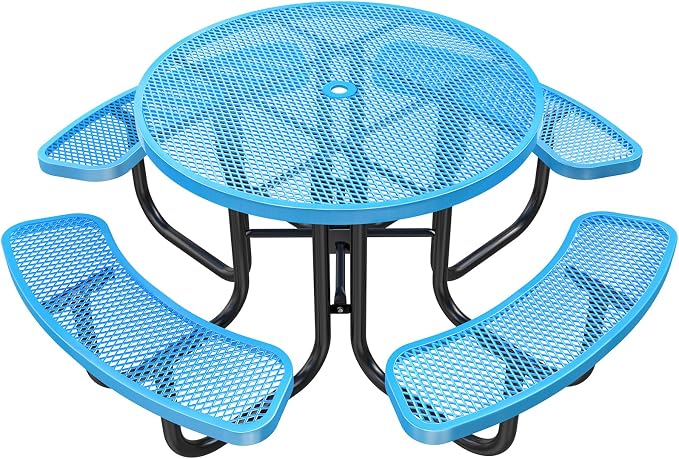 Heavy Duty Picnic Table with Umbrella Hole, Expanded Meta Outdoor Metal Patio Dining Table & Outdoor Bench Set, Steel Mesh Dining Furniture for Garden, Lawn, Patio (47 INCH Blue Circle Table)