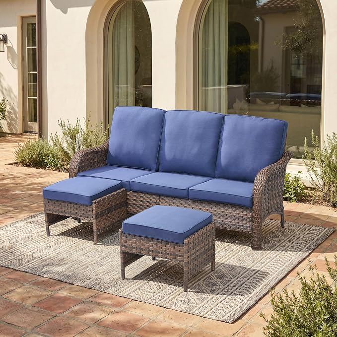 Patio Furniture Set - 3 Pieces All Weather Wicker Outdoor Couch Sofa and 2 Ottomans, Ergonomic Design for Porch, Deck, Balcony, Garden, and Backyard(Blue)