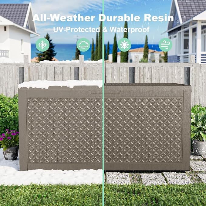 110 Gallon Outdoor Deck Box, Resin Waterproof Storage Box With Lockable Lid, UV-Resistant Multi-Purpose Outdoor Storage Bench for Patio Cushions, Garden Tools, Pool Accessories (110 Gallon, Grey)
