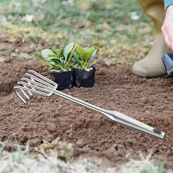 Hand Rake Stainless Steel Heavy Duty Garden Rake Weeding Tool Ergonomic Claw Rake Soil Tiller Portable Planting Rake Suitable for Flower Beds Yard Wor, 5 Tine Long Handle