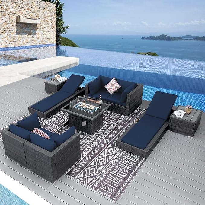 NICESOUL 9 Piece Patio Furniture Set with Firepit, Modern Outdoor Sectional Couch with Chaise Lounge, Comfy 29.3'' High-Back Backyard Seating, All-Weather Modular Sofa for Garden, Yard, Grey & Blue