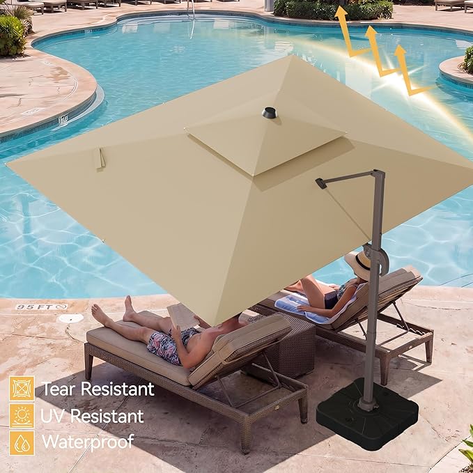9x12 FT Patio Umbrella with base, Large Cantilever Rectangular Double Top Heavy Duty Offset Umbrellas with 360° Rotation, Outdoor shade for Garden Deck Pool, Beige
