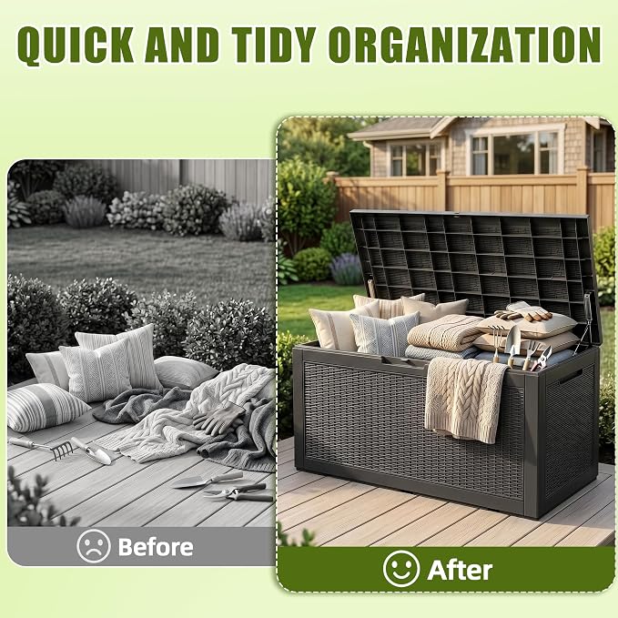 ROJIK 120 Gallon Waterproof Outdoor Deck Storage Box, Lockable Resin Patio Storage Bin with Lid for Garden Tools, Patio Cushions & Outdoor Accessories(Black)