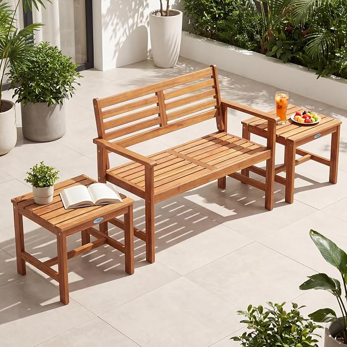 Tangkula Patio Acacia Wood Side Table, 17" Square End Table with Slatted Tabletop, Outdoor Wooden Accent Bistro Table for Backyard, Poolside, Garden, Porch, Indoor (Natural,2)