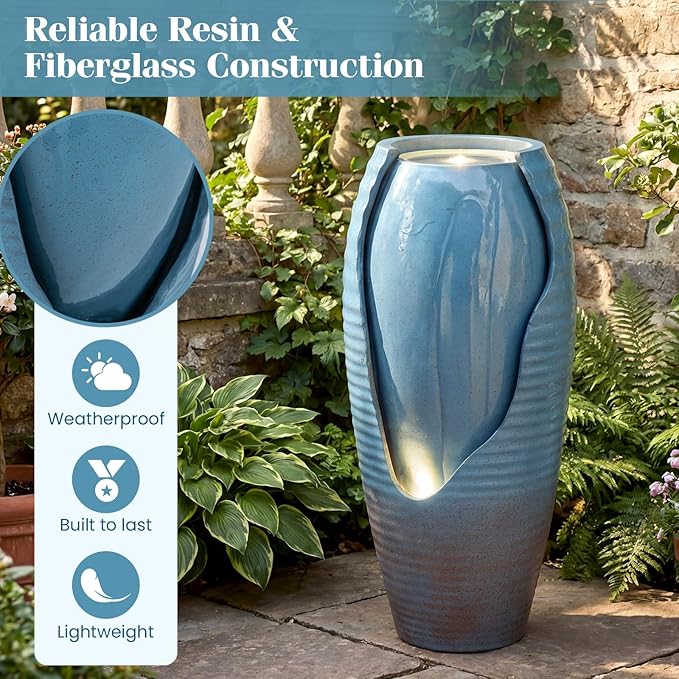 Giantex 32" Outdoor Jar Water Fountain with LED Lights, Vintage Blue Cracked Jar Design, Cascading Waterfall with Adjustable Pump, Resin Patio Water Feature for Garden, Balcony, Porch, Indoor Decor