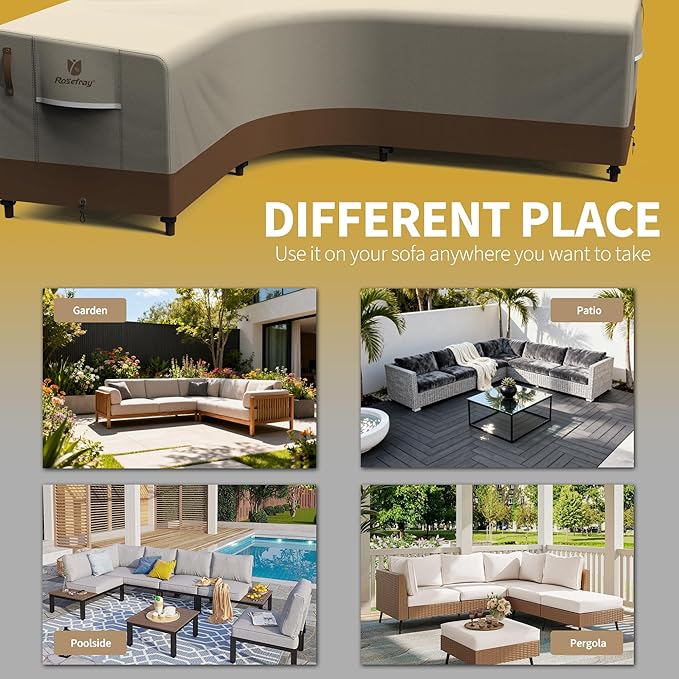 Rosefray 600D Outdoor L-Shaped Sectional Cover,Heavy Duty Anti UV Patio Sectional Sofa Cover with Air Vent, Waterproof Furniture Covers for Deck, Lawn,Backyard Left Facing 85''x105'' khaki brown