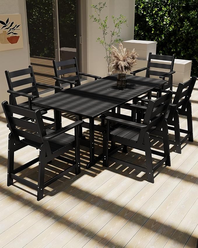 GREENVINES 7-Piece-Outdoor-Table-and-Chairs | HDPE | Patio Furniture | Dining Sets for 6 | Removable Armrests | All Weather | Connectable Tables | for Backyard Poolside Garden | Black