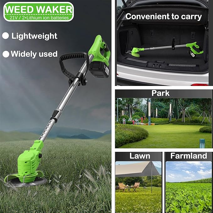 Weed Wacker Battery Operated, 21v 3 in 1 String Trimmer Cordless with 2 * 2.0ah Li-Ion Battery Powered & 3 Cutting Blade Types Edger Lawn Tool Extends from 35" to 47" 1