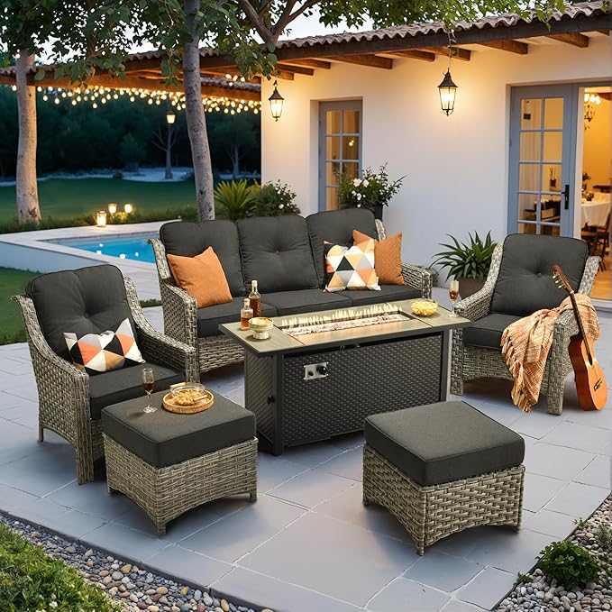 HOOOWOOO Patio Furniture Set,6 Pieces Wicker Outdoor Furniture,High Back Conversation Set with All Weather Resistant Fire Pit Table Couch Chairs Ottomans,Black