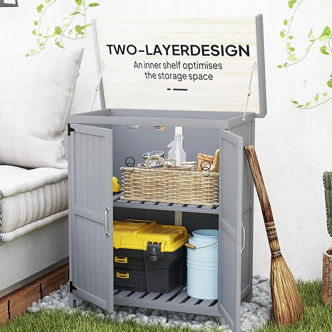 29 Inch Wooden Outdoor Storage Box and Garden Potting Bench with Stainless Steel Tabletop, Double Doors and Hinged Roof for Patio Organization and Tool Storage, Grey