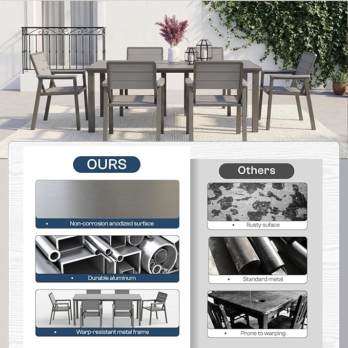 7 Piece Patio Dining Set for 6, Outdoor HDPE Table and Chairs with Umbrella Hole, All Weather Outdoor Furniture for Backyard, Deck, Lawn, Poolside, Grey