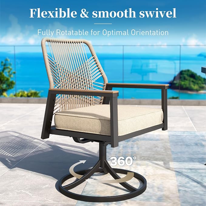 Patio Dining Set 7 Piece, 4 Woven Rattan Fixed Chairs and 2 Swivel Chairs with Waterproof Cushion, 59" Rectangular Metal Table with Umbrella Hole, Outdoor Table Set for Backyard Lawn Deck, Beige