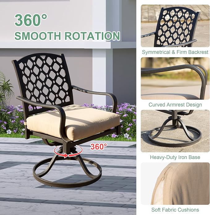 Domi Outdoor 7 pcs Patio Dining Set, Metal Dining Table, Swivel and Dining Chairs Conversation Set with Removable Beige Cushions for Garden Lawn Yard