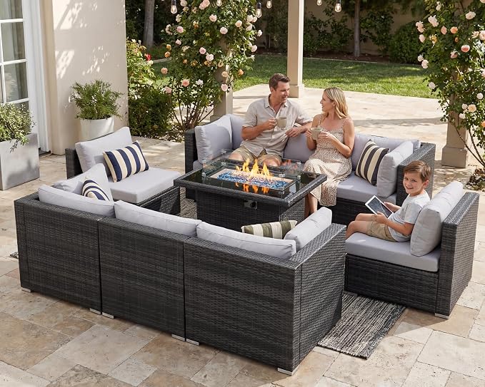RADIATA 9 Piece Wicker Patio Furniture Set with Fire Pit, All-Weather Outdoor Sectional Couch High Back Large Size, Modular Backyard Seating Sofa Set with Propane/Natural Gas Firepit Table, Light Grey