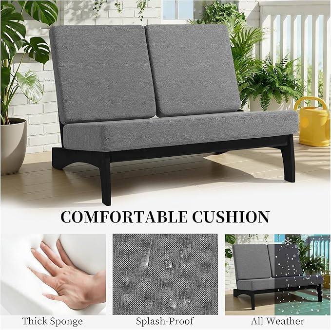 UIXE 2 Pieces All Weather Wood Patio Furniture Sets, Patio Loveseat Outdoor Sofa with Solid Wooden Coffee Table, Black Teak - Gray
