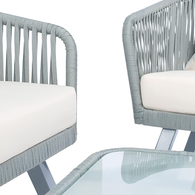 Safavieh Outdoor Collection Jorda Wicker Cushion 4-Piece Rope Patio Backyard Living Set PAT7518A, Grey/Beige