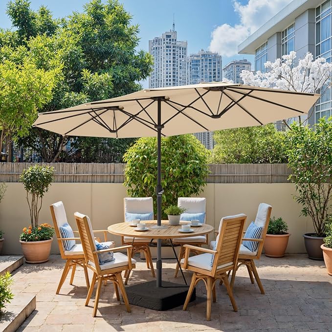 15ft Large Outdoor Patio Umbrella, Double Sided Table Umbrella with Crank, 12 Steel Ribs Market Umbrella