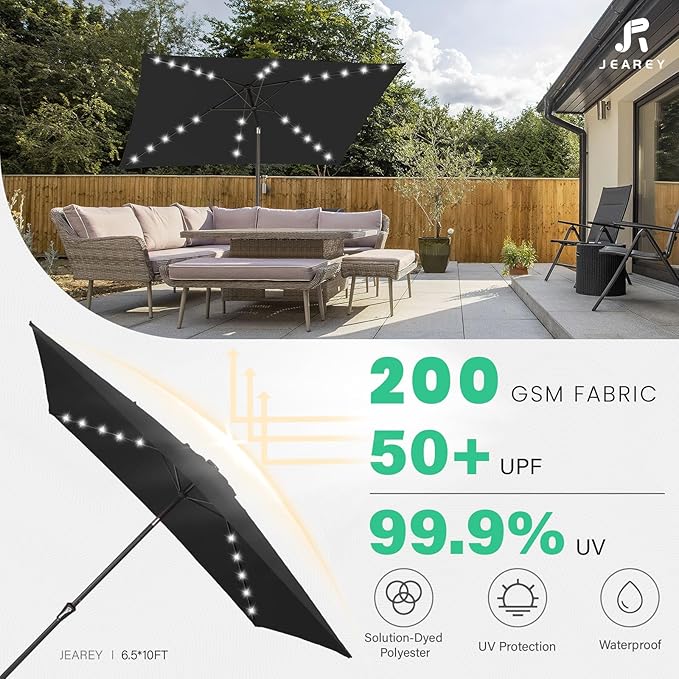 JEAREY 6.5x10 ft Rectangular LED Lighted Patio Umbrellas Outdoor Solar Table Market Umbrella w/Push Button Tilt/Crank, 6 Sturdy Ribs, UV Protection Waterproof Sunproof(Black)