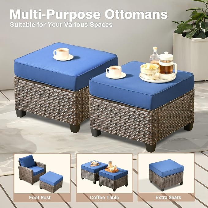ovios 5 Pieces Patio Furniture Set, Outdoor Wicker Sofa Couch with Chairs Comfy Cushions, All Weather Brown Rattan Conversation Set for Backyard Deck Porch, Navy Blue