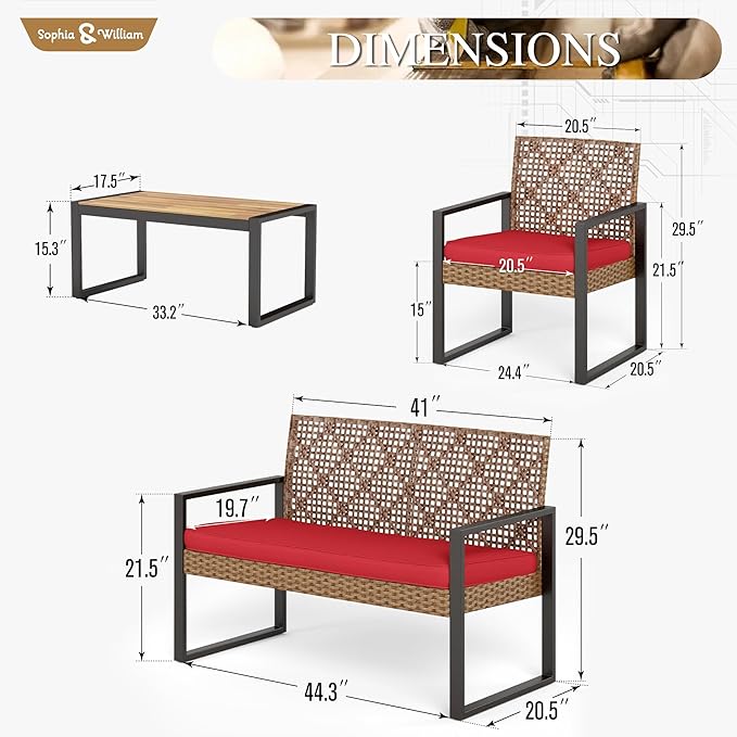 Sophia & William 4 Pieces Patio Conversation Set, Wicker Outdoor Furniture Set for 4, All Weather Outdoor Seating Set, Rattan Loveseat & Chairs with Cushions & Coffee Table，Brown and Red