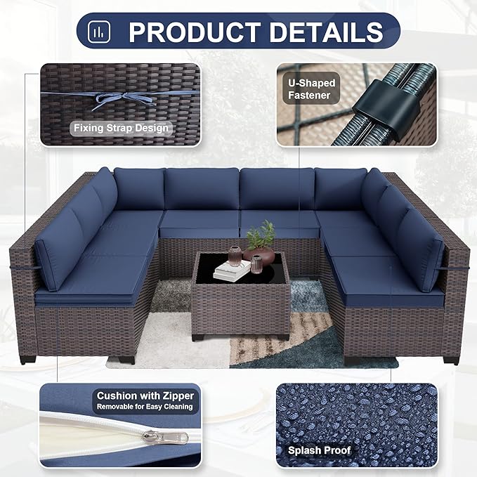 Patio Furniture Set 9pcs Outdoor Furniture for Backyard Sectional Sofa Set, Wicker Rattan Outdoor Conversation Set with 4 Inch Thickened Cushions and Coffee Table, Navy Blue