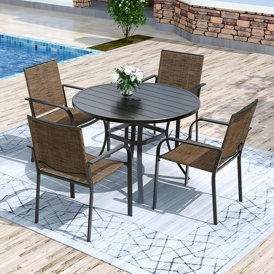 Anmutig 5 Piece Patio Dining Set 41 Inch Round Table Stackable Chairs Brown | Powder-Coated Steel Frame, Quick-Dry Textilene Mesh, Dual-Size Umbrella Hole, Weather Resistant, Patio, Garden, Backyard