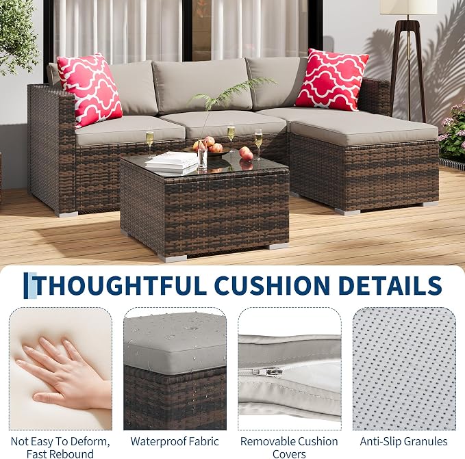 5 Piece Outdoor Patio Furniture Set, Rattan Deck Conversation Sofa Set with Non-Slip Cushions, All-Weather Sectional Sofa with Glass Storage Table and Balcony Footstool, Poolside, Garden, Brown+Gray