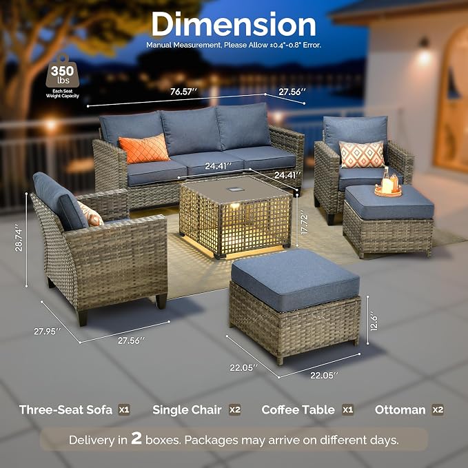 6 Piece Wicker Patio Furniture Set with Solar Table, Denim Blue | Outdoor Deep Seating Sofa Chair Ottoman, Solar Lights Table, All Weather Rattan, Modern Conversation Set, Porch Deck Backyard