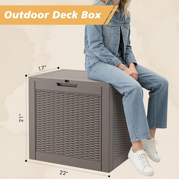 Fancyango 32 Gallon Outdoor Deck Box Waterproof, Storage Box for Patio, Resin Storage Bench Lockable for Garden Tools, Package Delivery, Grey
