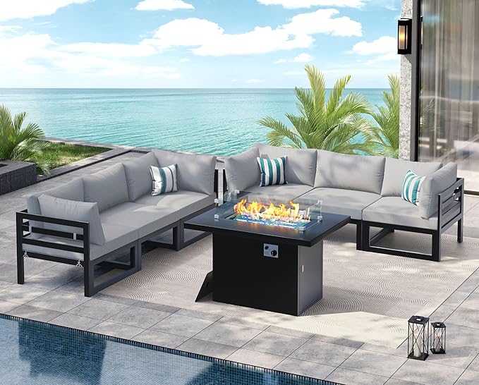 NICESOUL 7 Piece Oversized Modular Aluminum Outdoor Furniture Set with Fire Pit Table, 29" Deep Wide Sectional Seating, 500 lbs High Weight Capacity Patio Conversation Set for Garden Deck, Light Grey