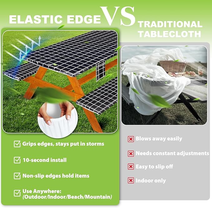 Picnic Table Cover with Bench Covers Vinyl Elastic Edges Fitted Rectangle Seat Tables Waterproof 3-Piece72X30in Set Outdoor Rectangular Folding Backing Tablecloth for Camping Over Size