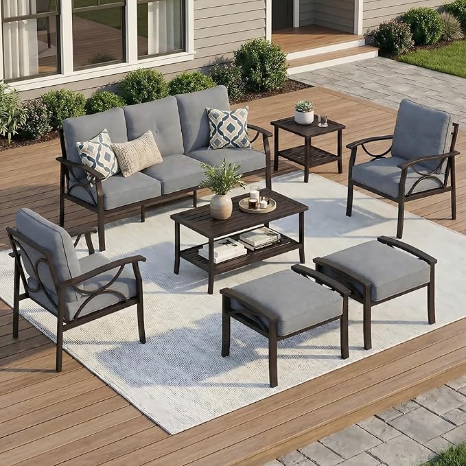 RoyalCraft 7-Pieces Outdoor Patio Furniture Set, Outdoor Metal Sectional Furniture with Cushions, Outdoor Conversation Seating Set with Coffee Table for Balcony, Backyard, Garden, Deck, Grey