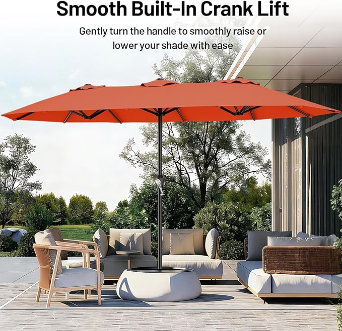 AreShark 15ft Patio Umbrella with Base, Double Sided Outdoor Umbrella with 12 Fiberglass Ribs, Large Outdoor Umbrella for Garden, Pool, Deck, Backyard & Market, Orange