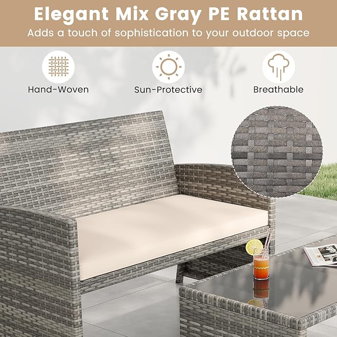 Tangkula 8 Piece Patio Wicker Furniture Set, Outdoor Heavy Duty Rattan Cushioned Chairs, Loveseat and Tempered Glass Coffee Table, for Backyard, Balcony, Poolside