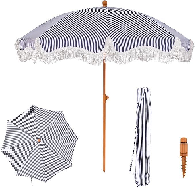 PHI VILLA 7ft Fringe Beach Umbrella with Sand Anchor, Outdoor Patio Portable Beach Umbrella for Sand with Tassels, Push Button Tilt & Carrying Bag, UPF 50+, Stripe Blue & White