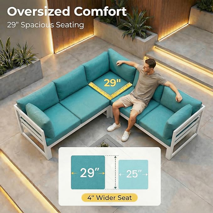 NICESOUL Extra Large Aluminum Patio Furniture Set with End Table, All-Weather 29" Wide Deep Seats Outdoor Sofa Conversation Set, Contemporary Sectional Couch for 10 Seats, for Garden, Turquoise