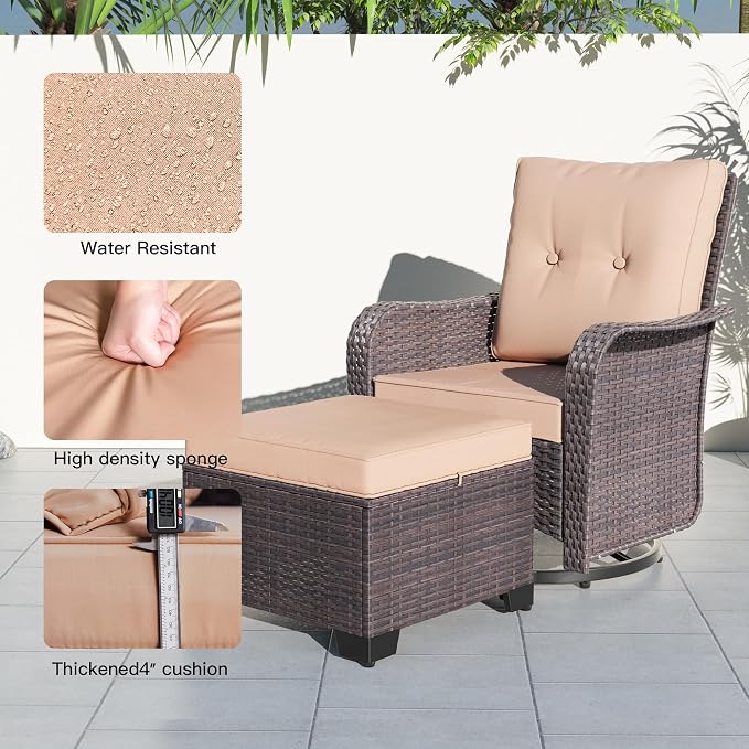 Kullavik 5 Pieces Outdoor Swivel Chairs Set,Patio Wicker Rocker Chairs with 4" Thick Cushions,Side Table and Ottomans,Patio Conversation Furniture Set for Patio Porch Deck Backyard,Sand
