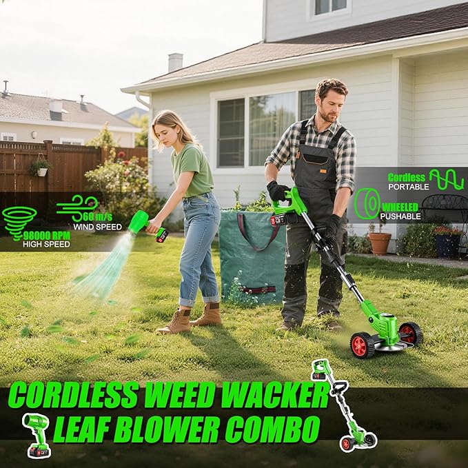 Cordless Weed Wacker Eater Battery Powered 21V Lightweight Electric Weed Trimmer with 2 Battery Operated Leaf Blower Weed Storage Bag, Stringless Grass Trimmer/Brush Cutter/Lawn Edger for Yard Garden