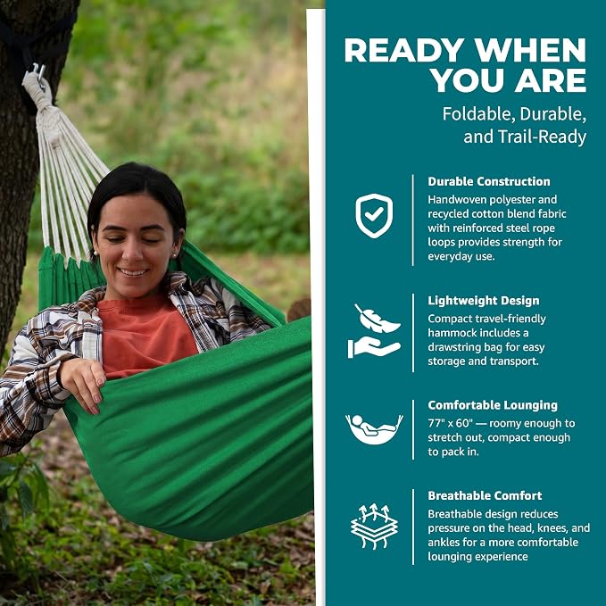 Bliss Hammocks 60" W Double Outdoor Hammock with Hand-Woven Rope Loops & Tree Straps, Patio, Durable, Cotton/Polyester, 265 Lbs Capacity, Green