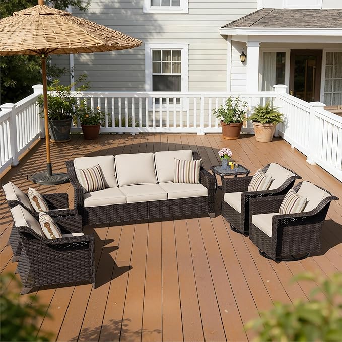 6 Pieces Patio Conversation Furniture Set - 1 Sofa, 2 Swivel Chairs, 2 Armchairs, 1 Side Table, Outdoor Wicker Furniture with Removable Cushions for Porch, Balcony, Sunroom (Beige)