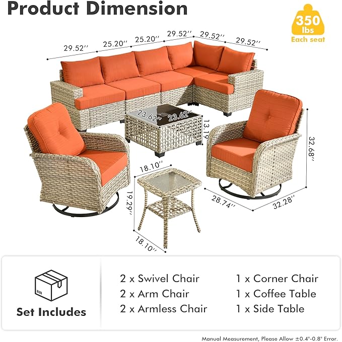 9 Piece Patio Furniture All Weather 7-Seater Outdoor Sectional Sofa with Patio Swivel Chairs and Solar Powered Coffee Table for Porch,Garden,Backyard,Deck(Red)