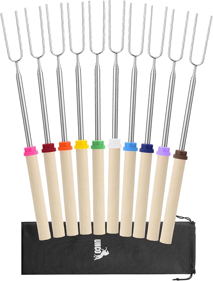 UNCO- Marshmallow Roasting Sticks with Bag, 32”, 10 Pack, Extendable Stainless Steel Smores Sticks for Fire Pit, Smores Skewers, Campfire Cooking Equipment