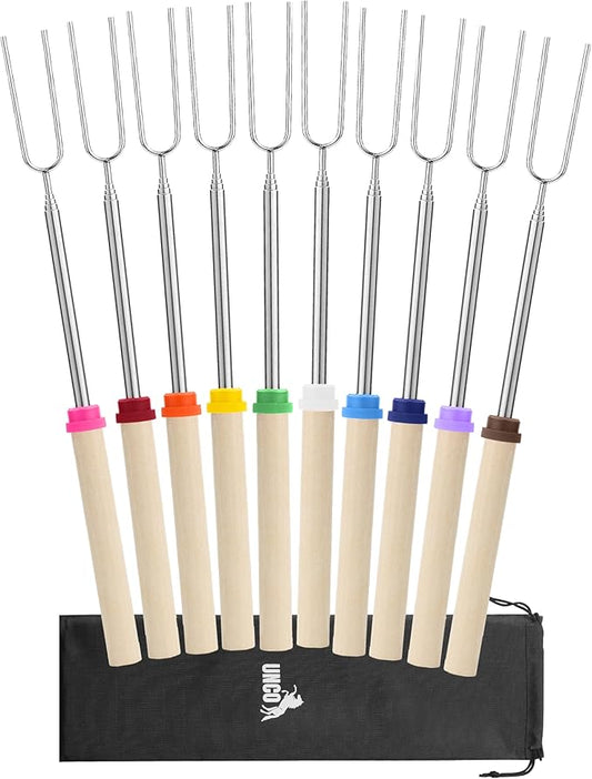 UNCO- Marshmallow Roasting Sticks with Bag, 32”, 10 Pack, Extendable Stainless Steel Smores Sticks for Fire Pit, Smores Skewers, Campfire Cooking Equipment