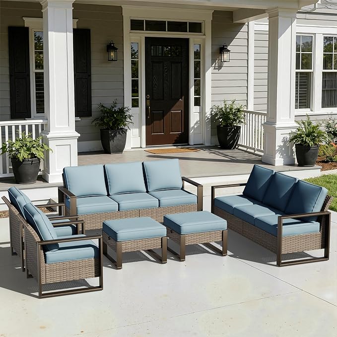 Joyside Outdoor Patio Chairs, 5 Pieces Wicker Rattan Furniture Set, 2 Patio Chairs, 2 Sofa and 2 Ottoman, Metal Wide Armrest, Thick Cushions and Deep Seating for Garden, Backyard, Porch, Deck