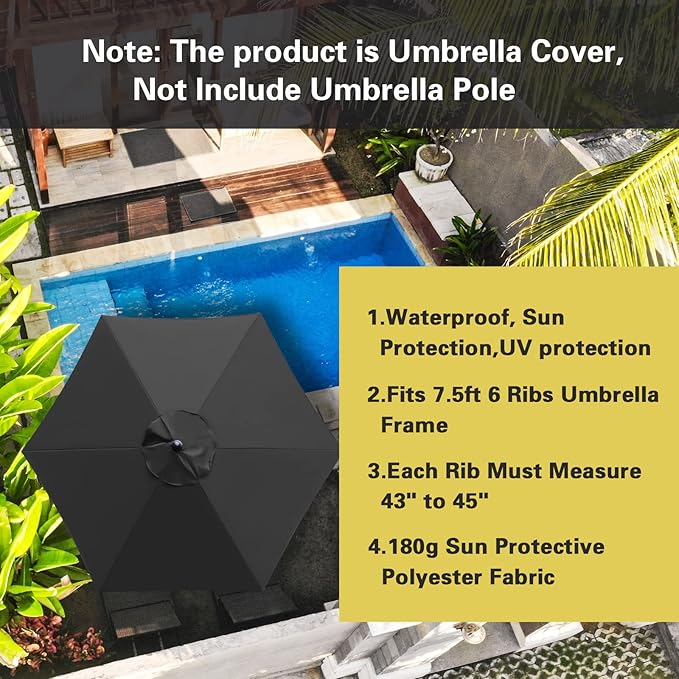 Sunnyglade 7.5ft Patio Umbrella Replacement Canopy Market Umbrella Top Outdoor Umbrella Canopy with 6 Ribs