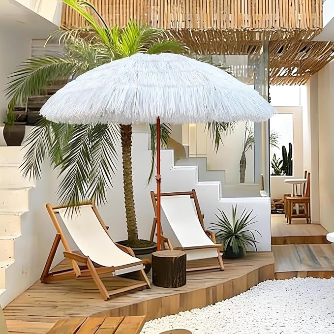 AMMSUN 7.5ft Hula Thatched Tiki Patio Beach Umbrella Hawaiian Style 10 Ribs UPF 50+ with Tilt Carry Bag for Outdoor Tiki Bar, Tropical Palapa, Patio Garden Beach Pool Backyard White