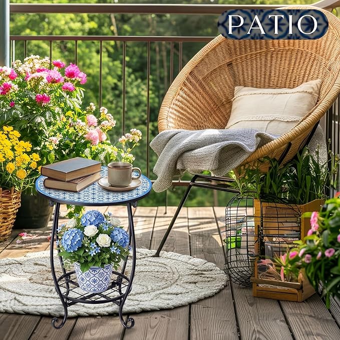 Cinnvoice Outdoor Side Table Round Small Mosaic Patio Accent Indoor End Plant Coffee Tea Table for Yard Patio Porch Garden Living Room, Bedroom(Blue Tile Style,14 Inch)