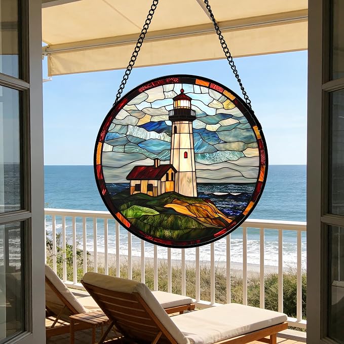 DASTOLL Stained Glass Window Hanging, Ocean Lighthouse Sun Catchers Glass Panel Blue Green Suncatcher Decor for Birthday for Women, Men, Wife, Aunt, and Mom 14.9x14.9 in