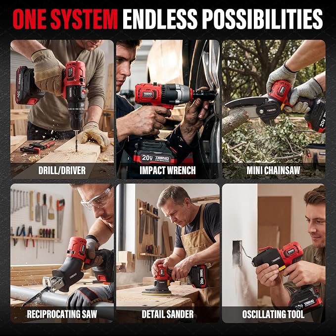 TEENO Brushless Power Tool Combo Kit, 6-in-1 Cordless Interchangeable Multi-Tool Set (Drill, Impact Wrench, Oscillating Tool, Reciprocating & Chain Saws, Sander), 3Ah Battery, USB Adapter & Hard Case