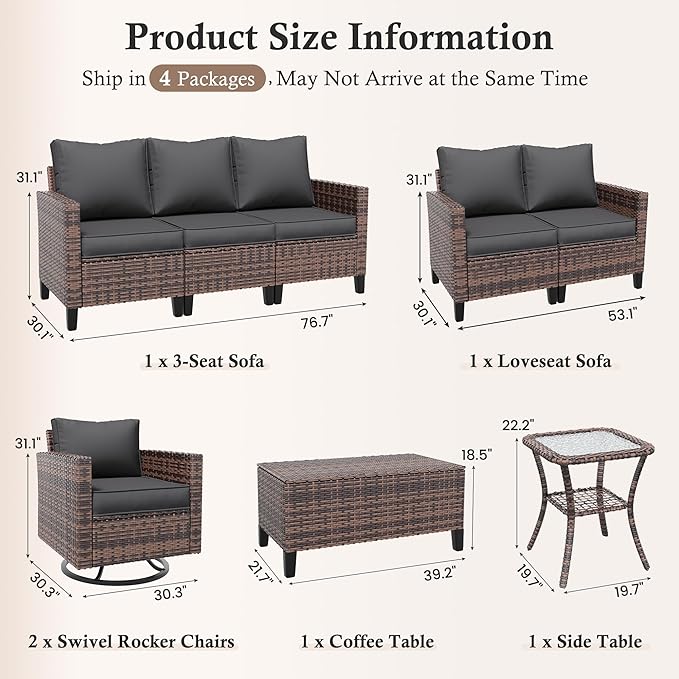 Amopatio Patio Furniture Set, 6-Piece Wicker Outdoor Sectional Sofa with Swivel Rocker Chairs, Rattan Conversation Set with Storage Coffee Table and Waterproof Cover for Backyard Brown/Grey